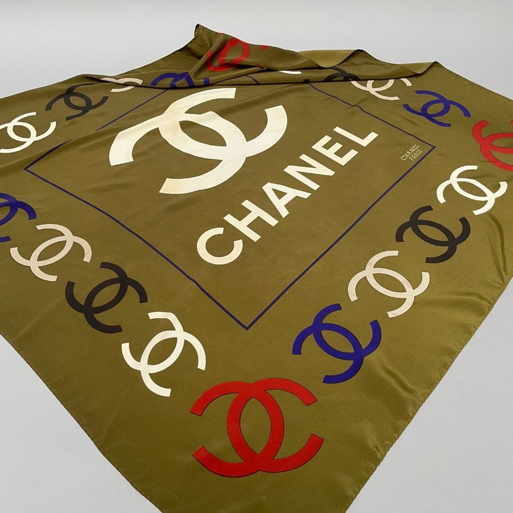 CHANEL Paris Olive Green Logo Silk Scarf 34” x 34"